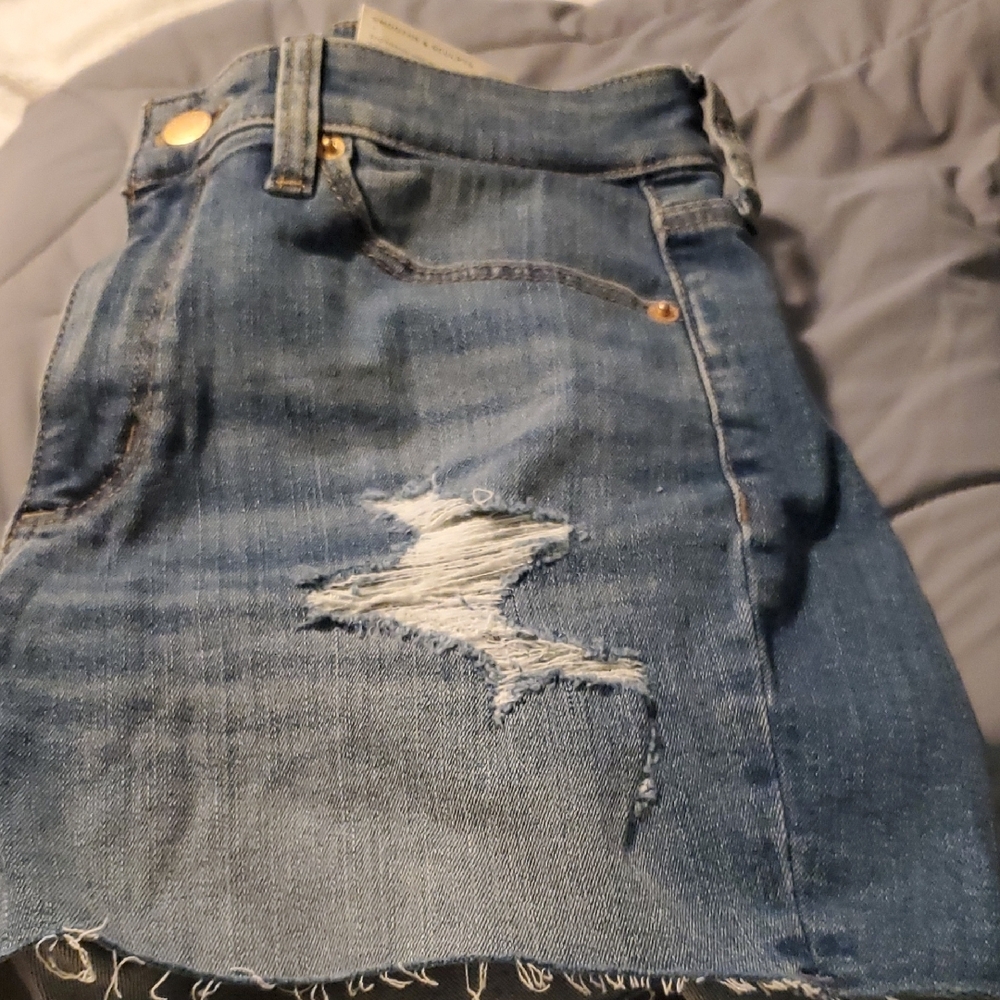 Blue Distressed Jean Shorts with Frayed Hem - Picture 6 of 6